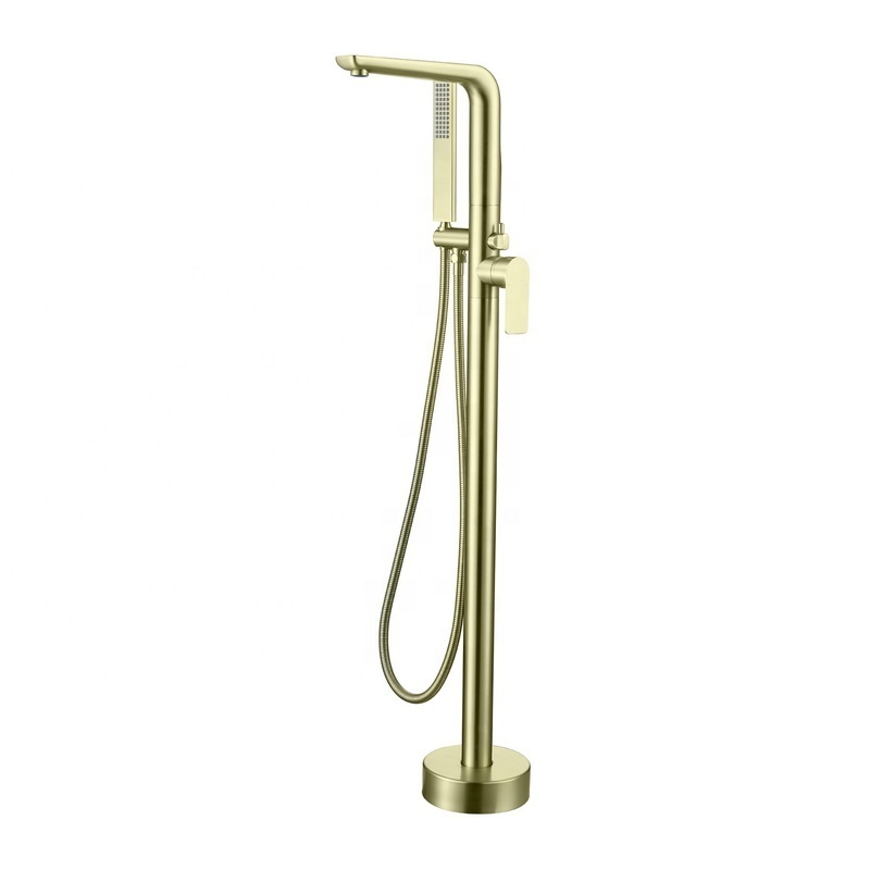 Jiangmen Modern Brass Freestanding Bathtub Faucet Brushed Gold Stand Faucet with Hand Sprayer Soft Water Floor Mount Tub Filter