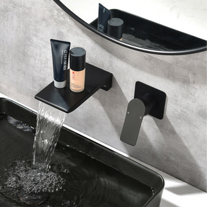 kaiping factory brass matte black wall mount in wall hot and cold waterfall bathroom vanity basin sink faucet from wall