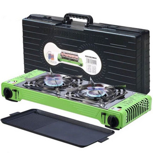 Portable Double Burner Kitchen Table For Camping 2 Plate Stainless Steel Cooktop Blue Flame Mini Gas Stove