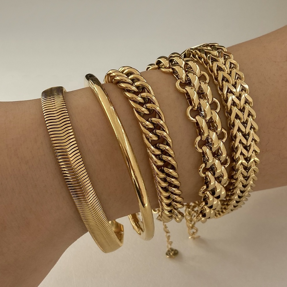 Punk Wide Mesh Wide Thick Belt Bracelet 16K Gold Plated Stainless Steel Cuban Snake Link Chain Bangle Bracelets