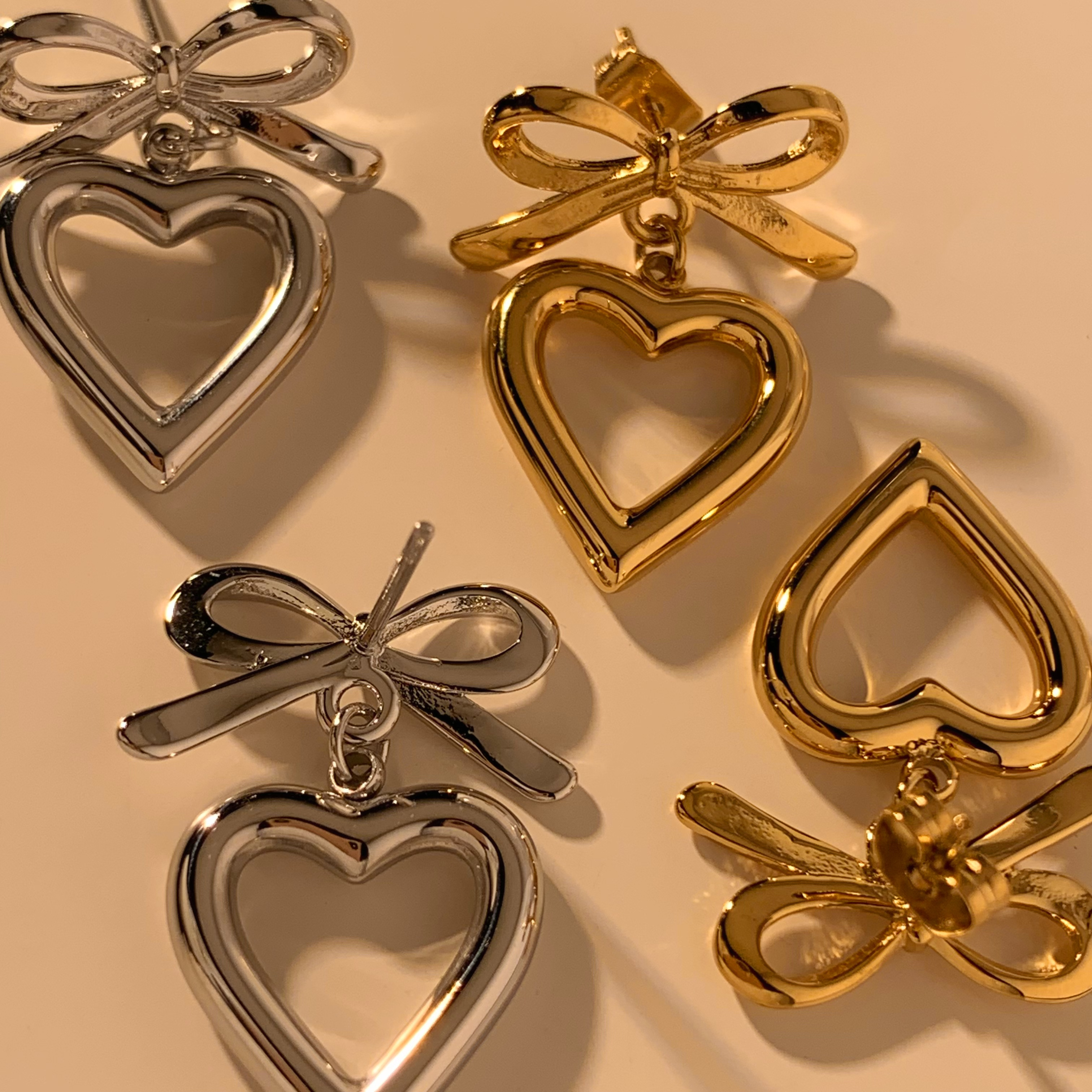 2024 Wholesale Jewelry Bow Knot Earrings Stainless Steel Gold Plated Jewelry Heart Bow Stud Earrings For Women