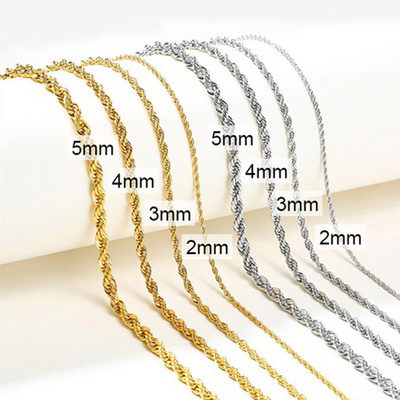 Wholesale 2mm 3mm 4mm 5mm Stainless Steel Plated 14k 18k Gold Vermeil Thin Rope Chain Necklace Twisted Rope Gold Chain