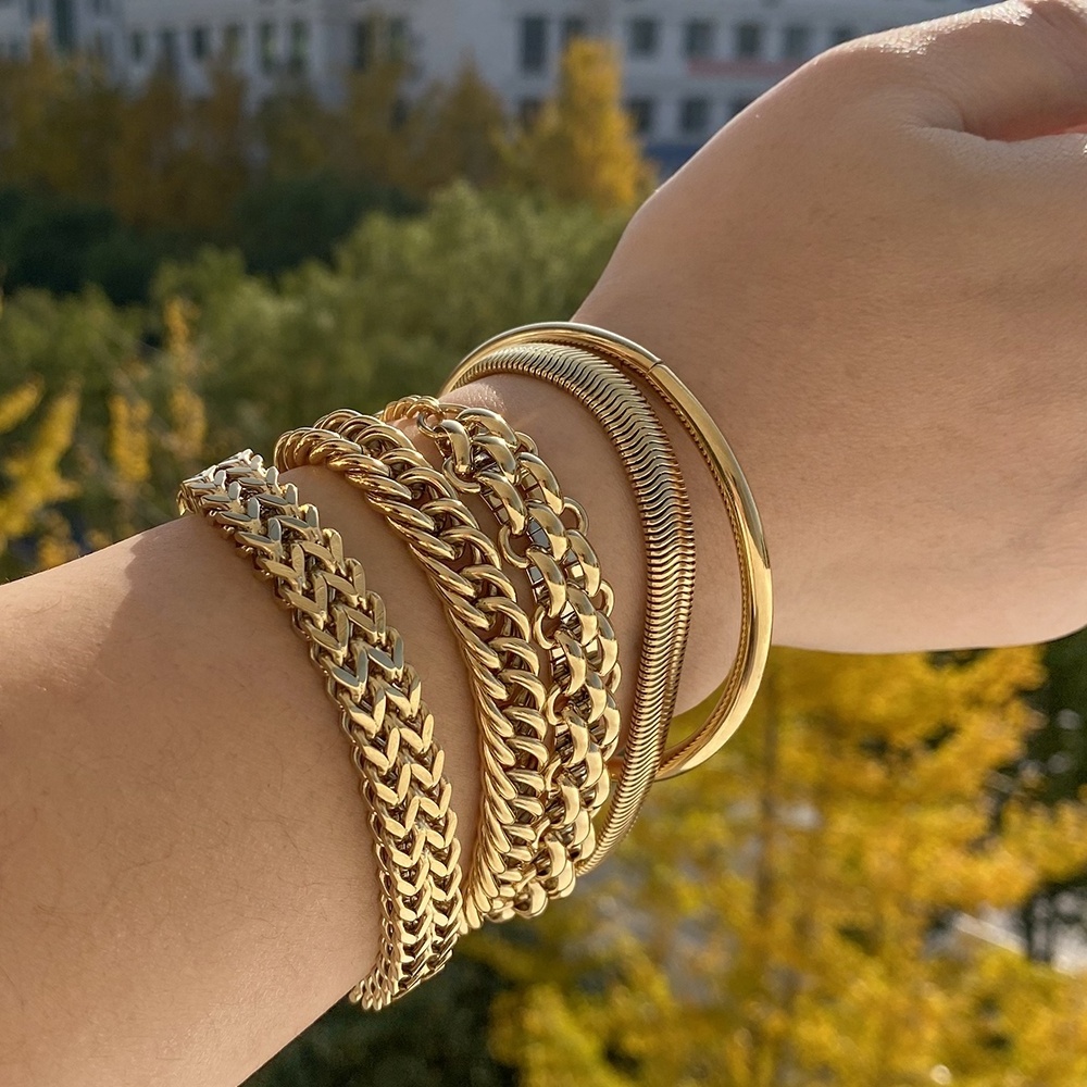 Punk Wide Mesh Wide Thick Belt Bracelet 16K Gold Plated Stainless Steel Cuban Snake Link Chain Bangle Bracelets