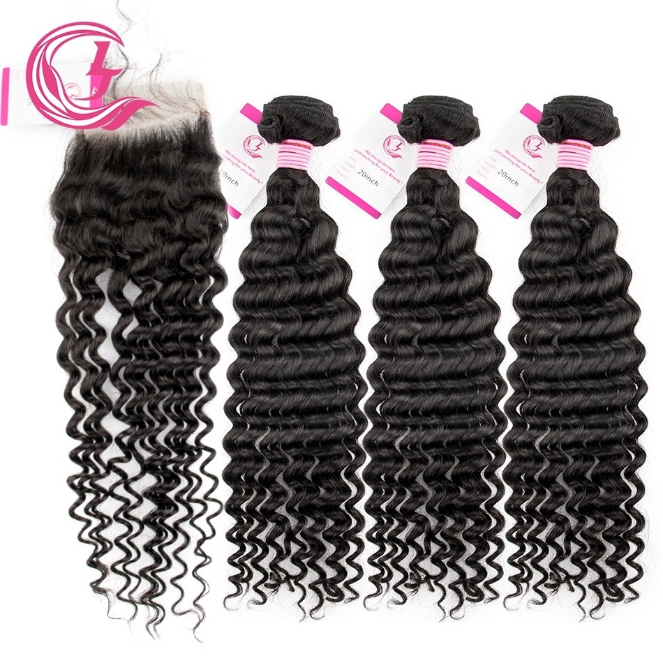 Virgin Hair of Deep Wave Deep Curl Natural Wave 4X4 closure Natural black color 130 density For Medium High Market silky