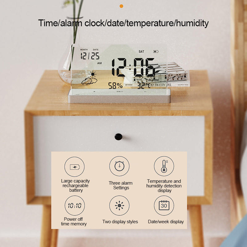 Temperature Humidity Date Week Electronic Alarm Clock Living Room Home Decor Desktop Transparent Digital Clock