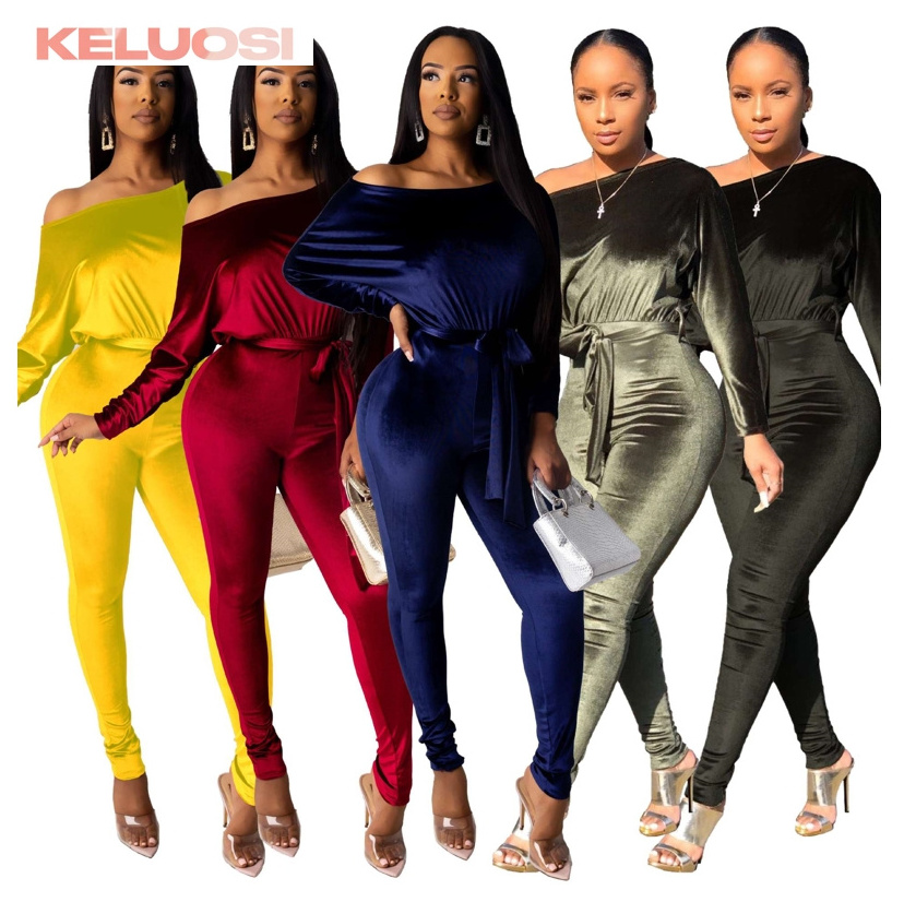 Solid Color Spring Fall Outfits For Women Slash Neck Velour Jumpsuits Women Casual Long Sleeve Velvet One Piece Jumpsuit