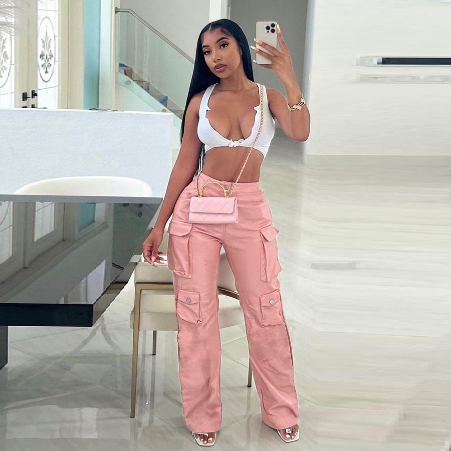 New Arrival Summer 2023 High Waist Fashion Y2K Pant Women Pink Black PU Leather Straight Cargo Pants