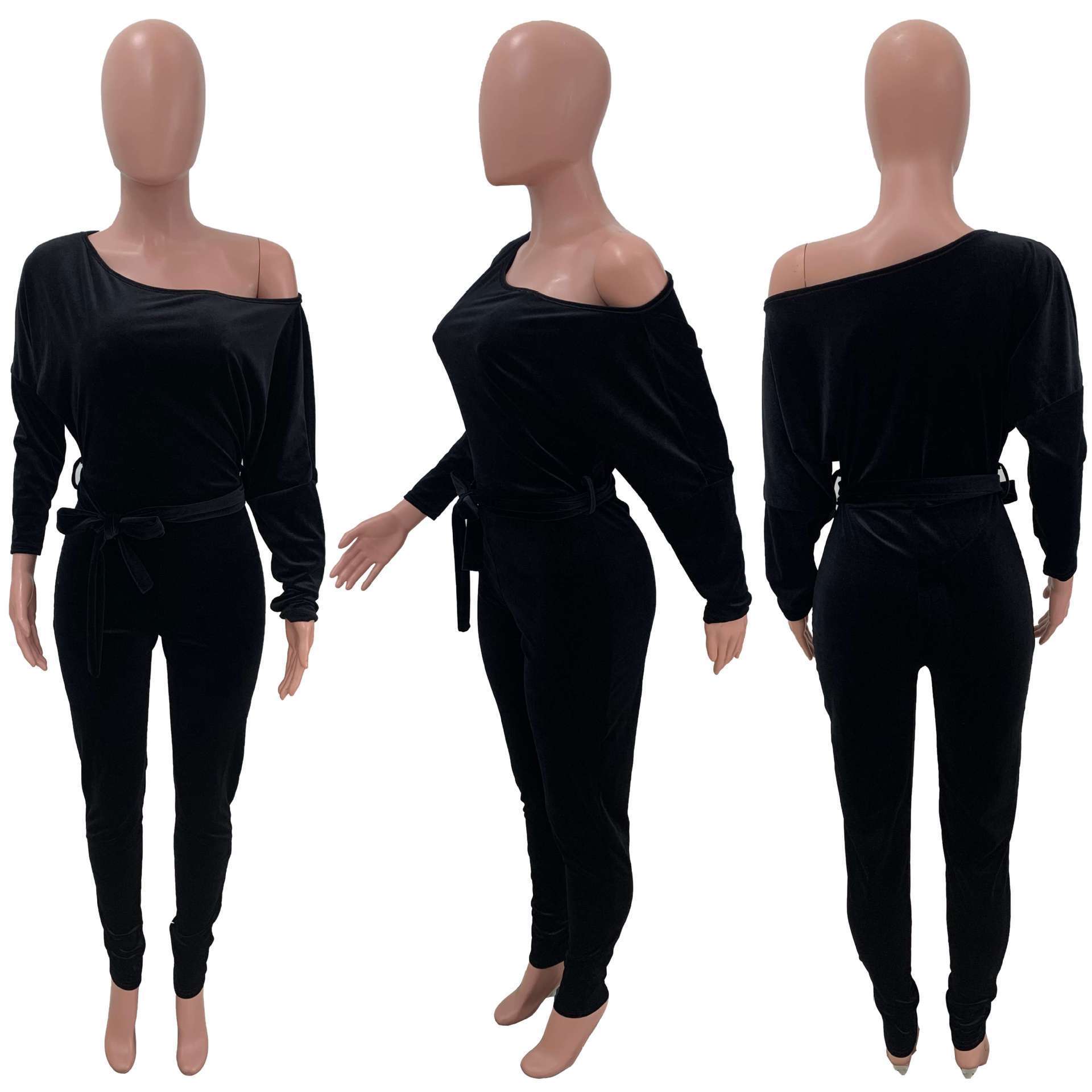 Solid Color Spring Fall Outfits For Women Slash Neck Velour Jumpsuits Women Casual Long Sleeve Velvet One Piece Jumpsuit