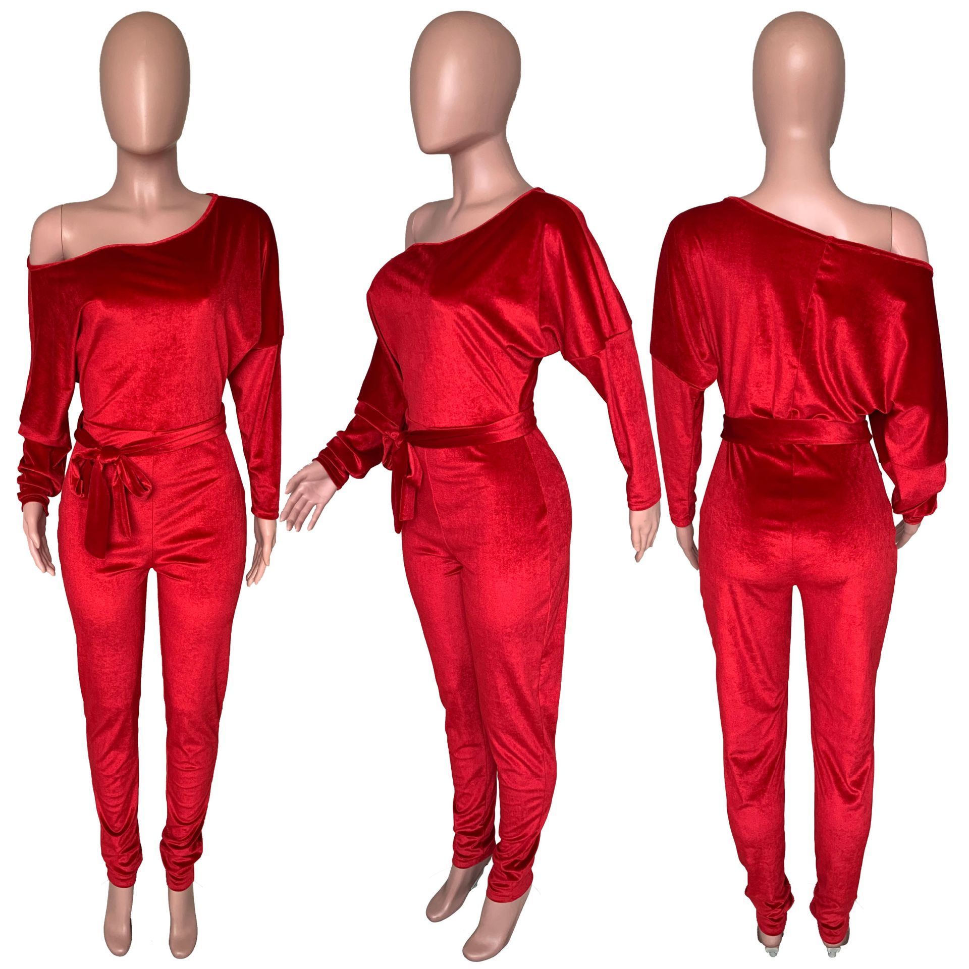 Solid Color Spring Fall Outfits For Women Slash Neck Velour Jumpsuits Women Casual Long Sleeve Velvet One Piece Jumpsuit