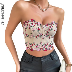 CHUANGERM OEM 2024 Spring Summer New Trendy Top For Women Lace Fragmented Embroidered Midriff-Baring Bustier Corset Top