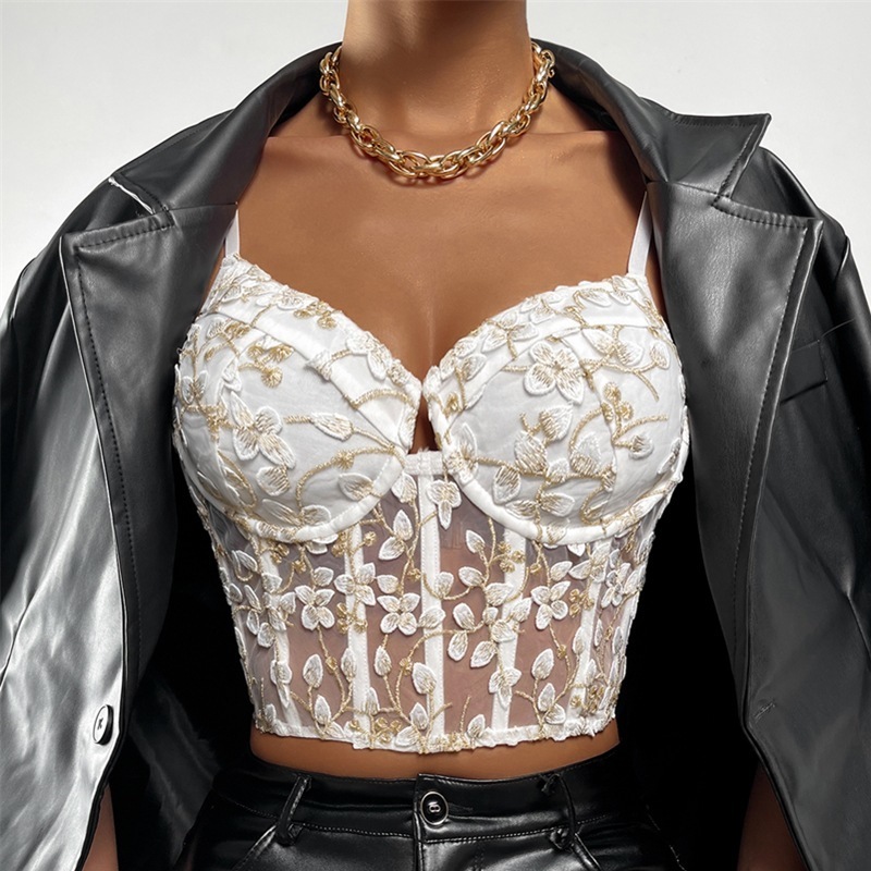 Chuangerm women French sexy mesh lace lingerie fashion top fish bone bustier corset top