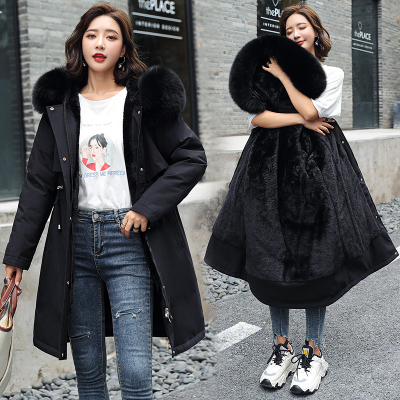 2024 Winter New Women's Cotton Clothes Down Cotton Jacket Warm Jacket in The Long Hair Collar and Velvet Casual Woven Thick