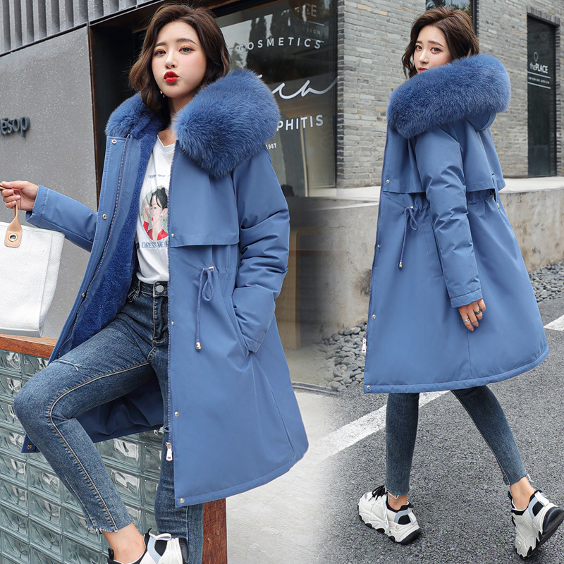 2024 Winter New Women's Cotton Clothes Down Cotton Jacket Warm Jacket in The Long Hair Collar and Velvet Casual Woven Thick