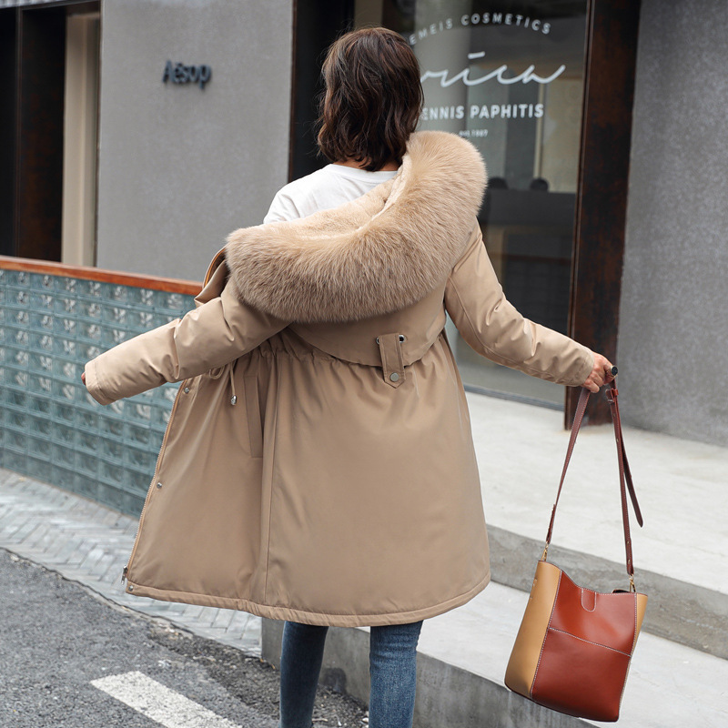 2024 Winter New Women's Cotton Clothes Down Cotton Jacket Warm Jacket in The Long Hair Collar and Velvet Casual Woven Thick