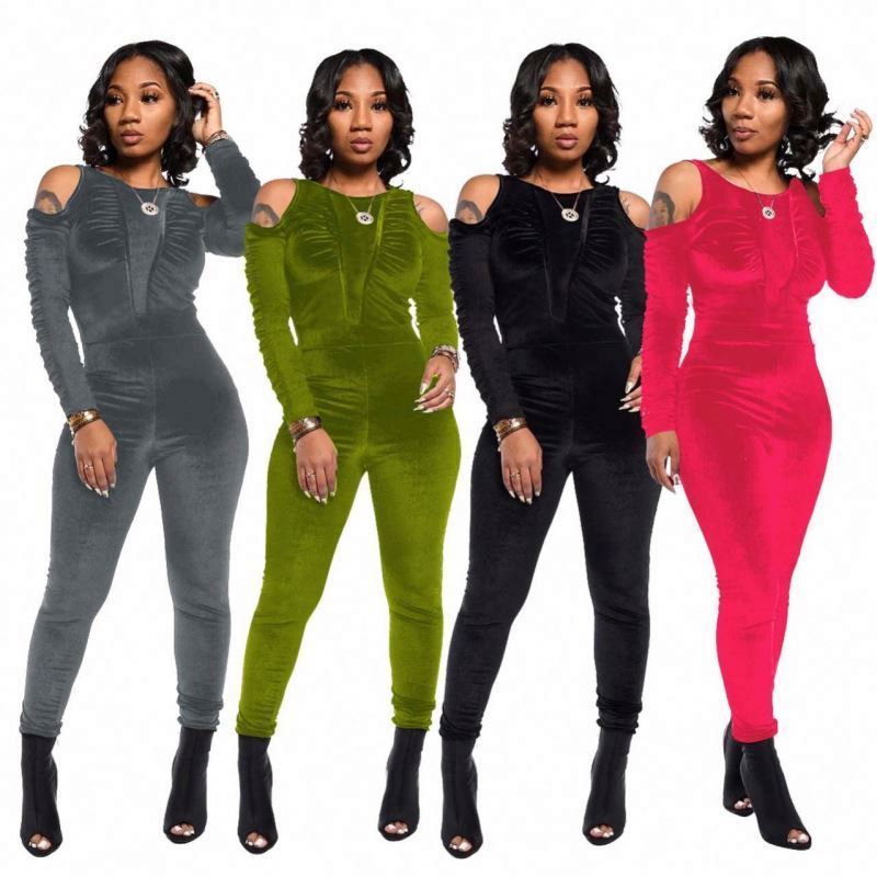 Fall Winter Fashion Women Clothes Velvet Velour Cut Out Jumpsuits And Rompers Sexy Solid Color One Piece Bodycon Jumpsuit