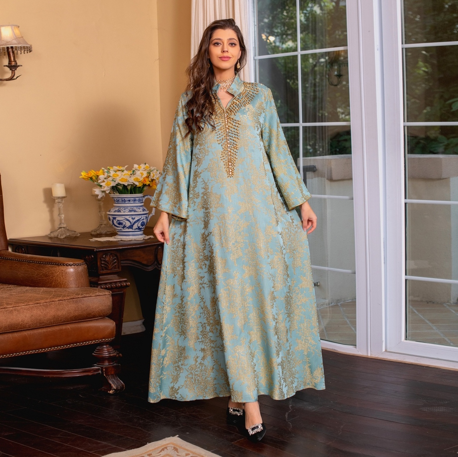 New Eid Muslim Dress for Women Beading Stand Collar Jalabiya Party Dress Arab Long Robe Morocco Kaftan Embroidery Luxury Abaya