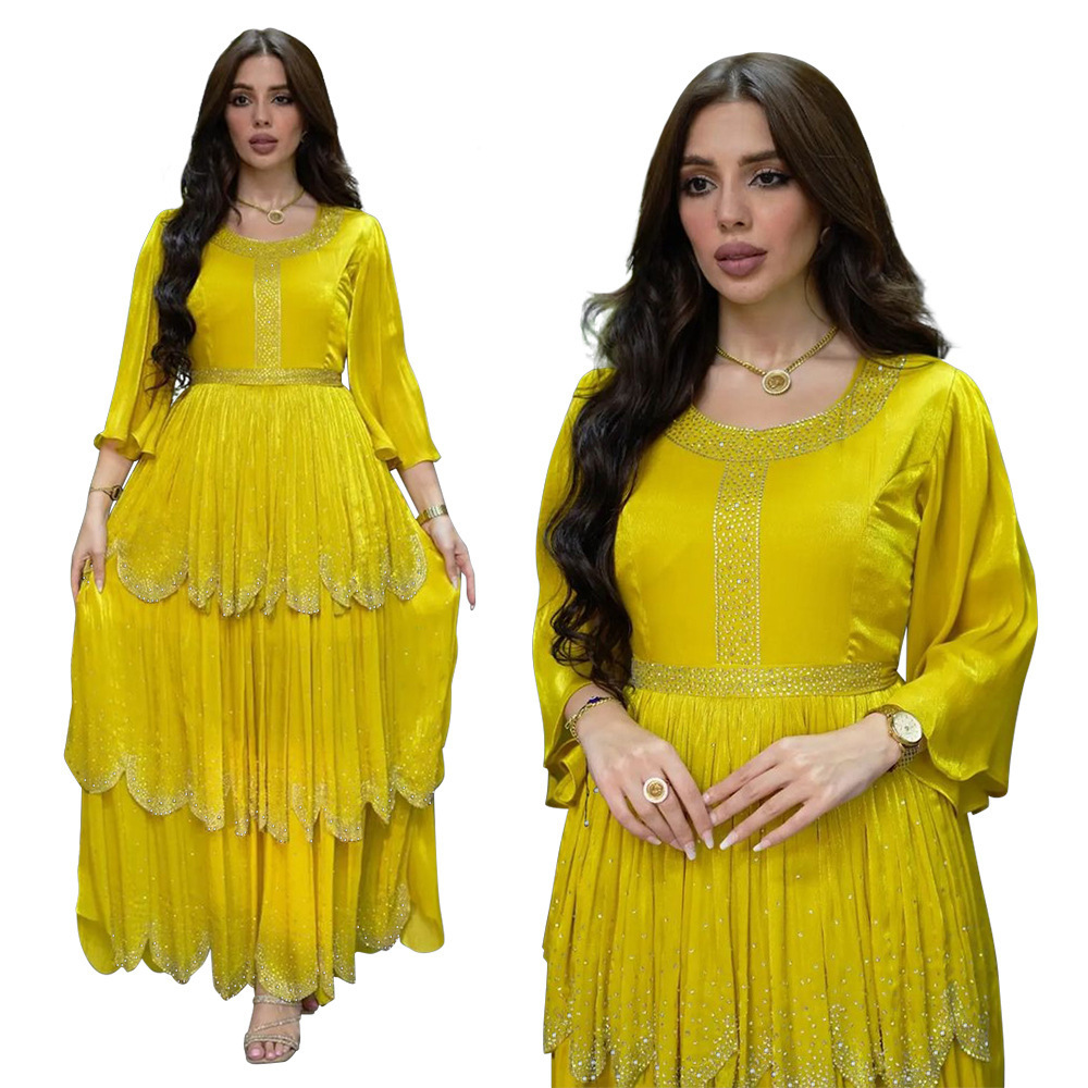 Women Summer Loose Diamond Chiffon Cake Long Skirt Modest Turkish Indian Abaya Arab Islamic Women Moroccan Kaftan Evening Dress