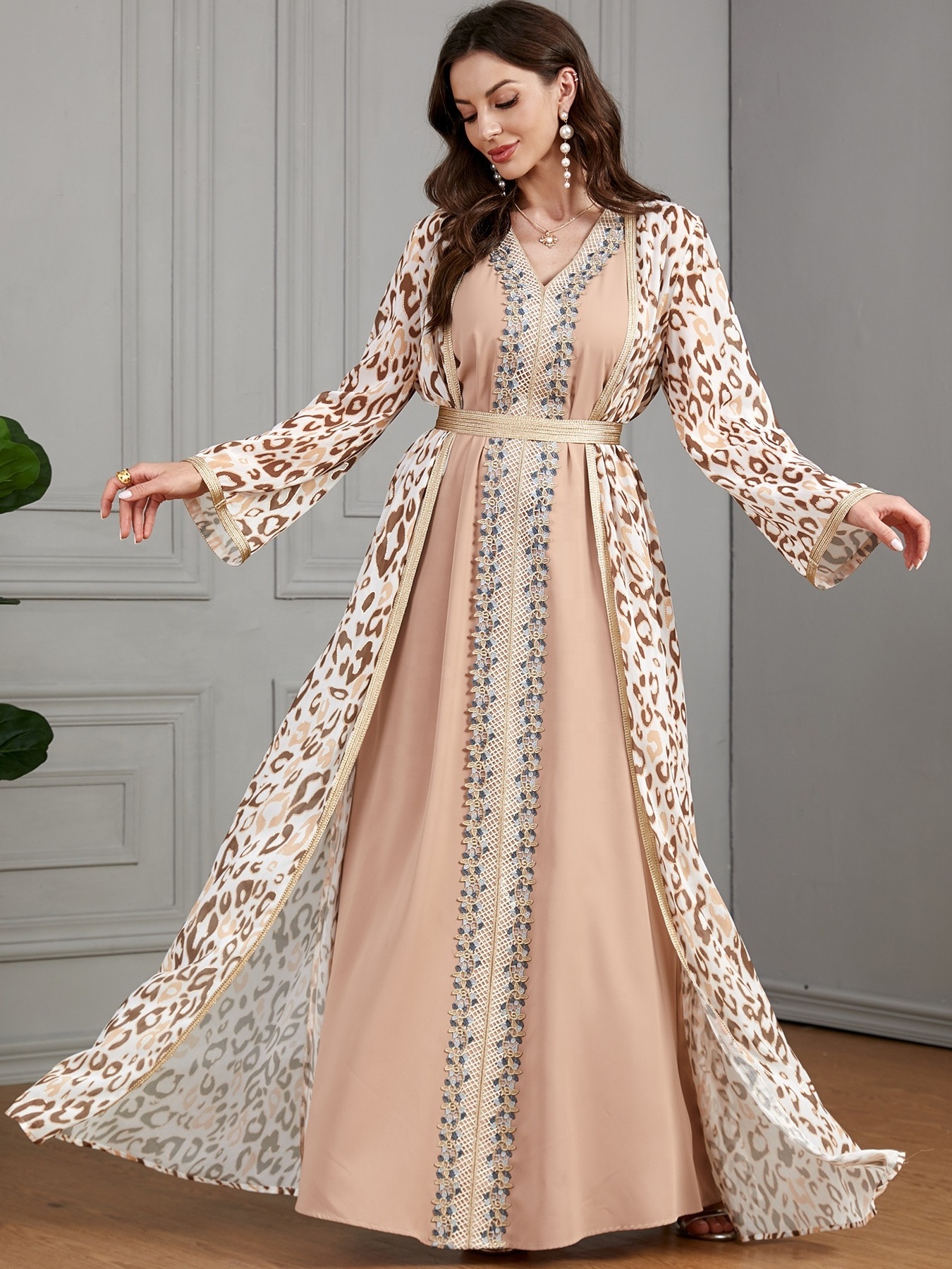 Muslim Women Kaftan Party Evening Arabic Dress 2 Piece Abaya Set Islamic Clothing Jalabiya Abaya Ramadan Eid Turkish Gown Dress