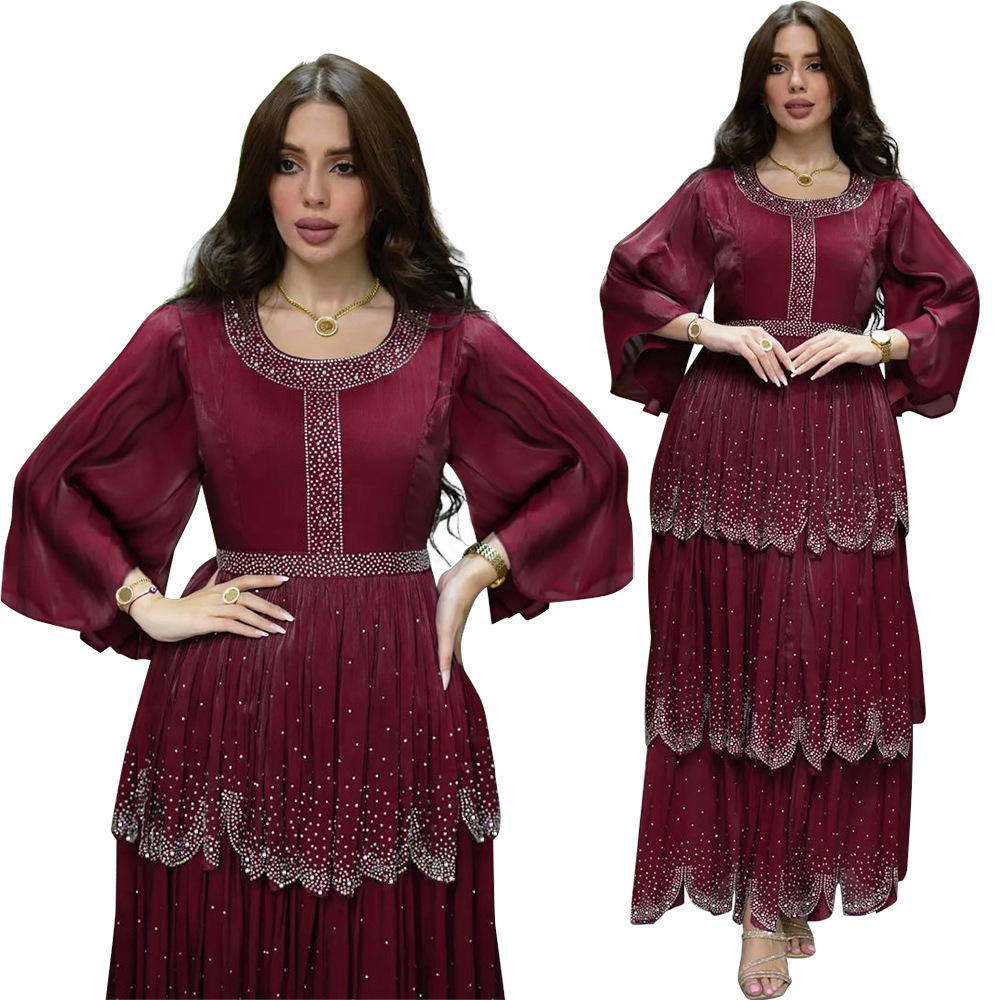 Women Summer Loose Diamond Chiffon Cake Long Skirt Modest Turkish Indian Abaya Arab Islamic Women Moroccan Kaftan Evening Dress