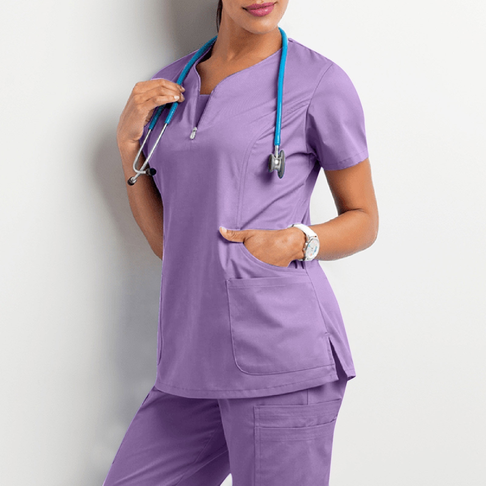 Wholesale Medical Unisex Care Workers V Neck Blouse with Pocket Short Sleeve Scrub Top V Neck Stretch Doctor Nurse Uniform