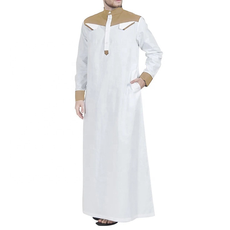 Muslim Arabic Men Ethnic Muslim Clothing Loose Stand Collar Patchwork Long Sleeve Abaya Robe Middle East Men Abaya Dubai Dress