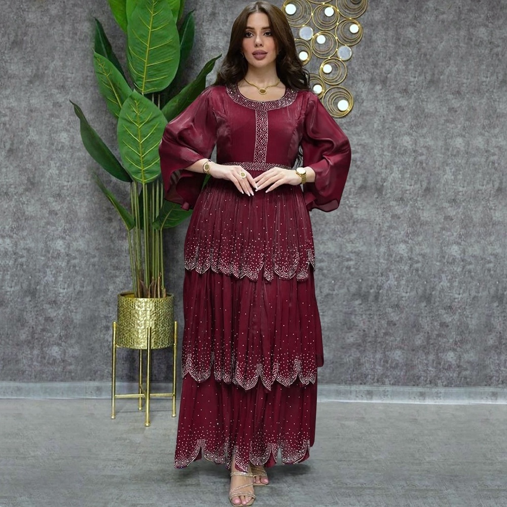 Women Summer Loose Diamond Chiffon Cake Long Skirt Modest Turkish Indian Abaya Arab Islamic Women Moroccan Kaftan Evening Dress