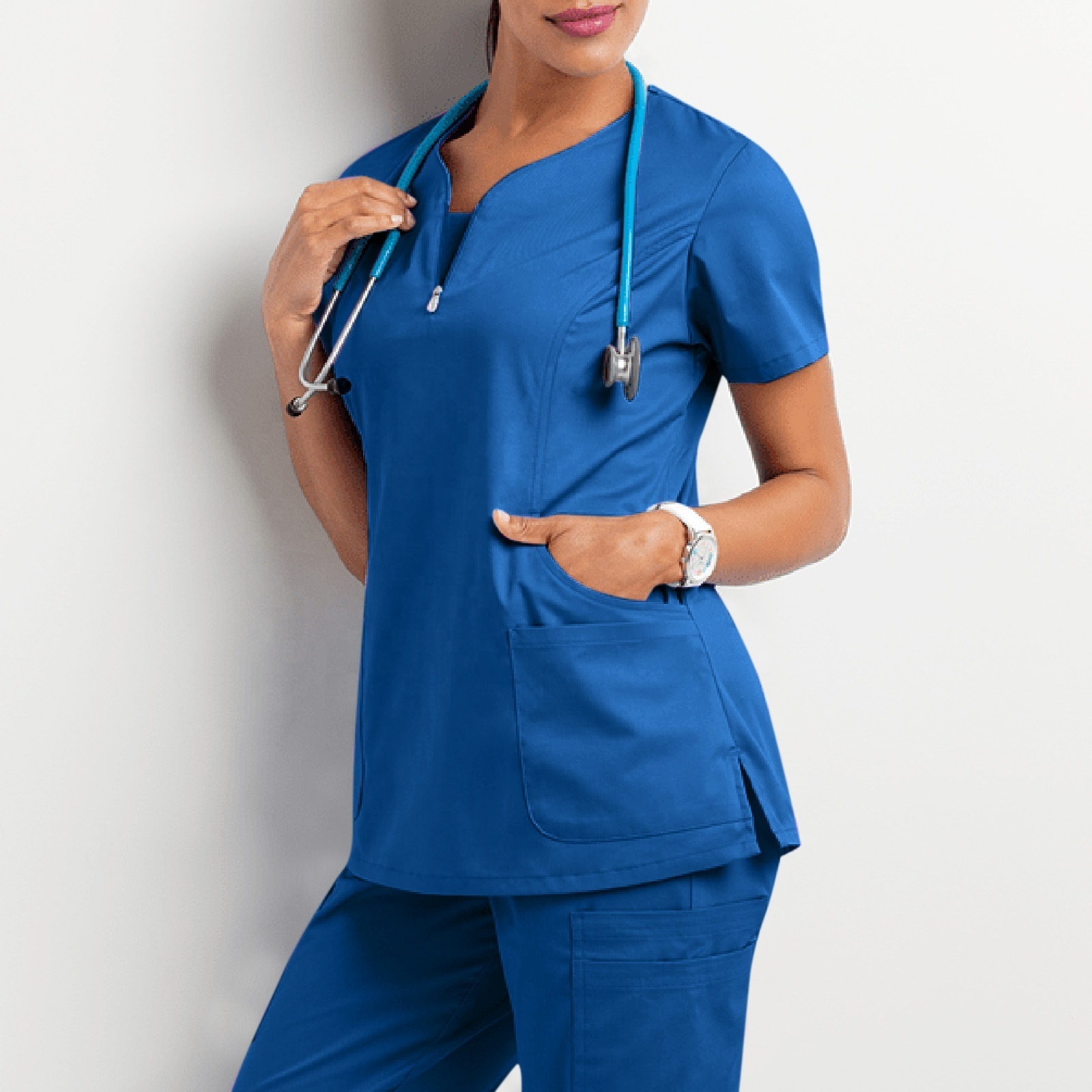 Wholesale Medical Unisex Care Workers V Neck Blouse with Pocket Short Sleeve Scrub Top V Neck Stretch Doctor Nurse Uniform