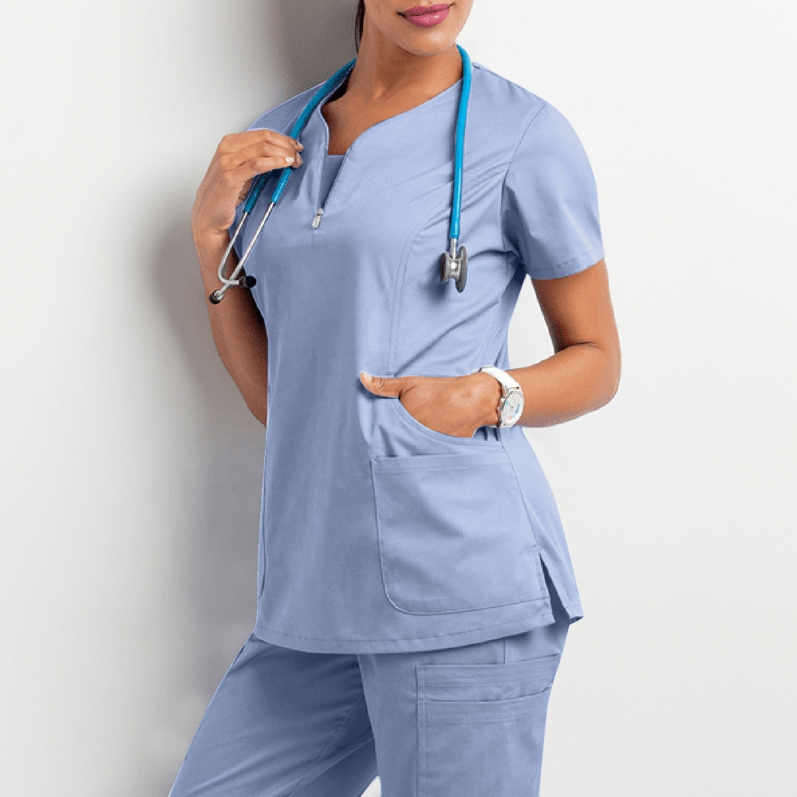 Wholesale Medical Unisex Care Workers V Neck Blouse with Pocket Short Sleeve Scrub Top V Neck Stretch Doctor Nurse Uniform