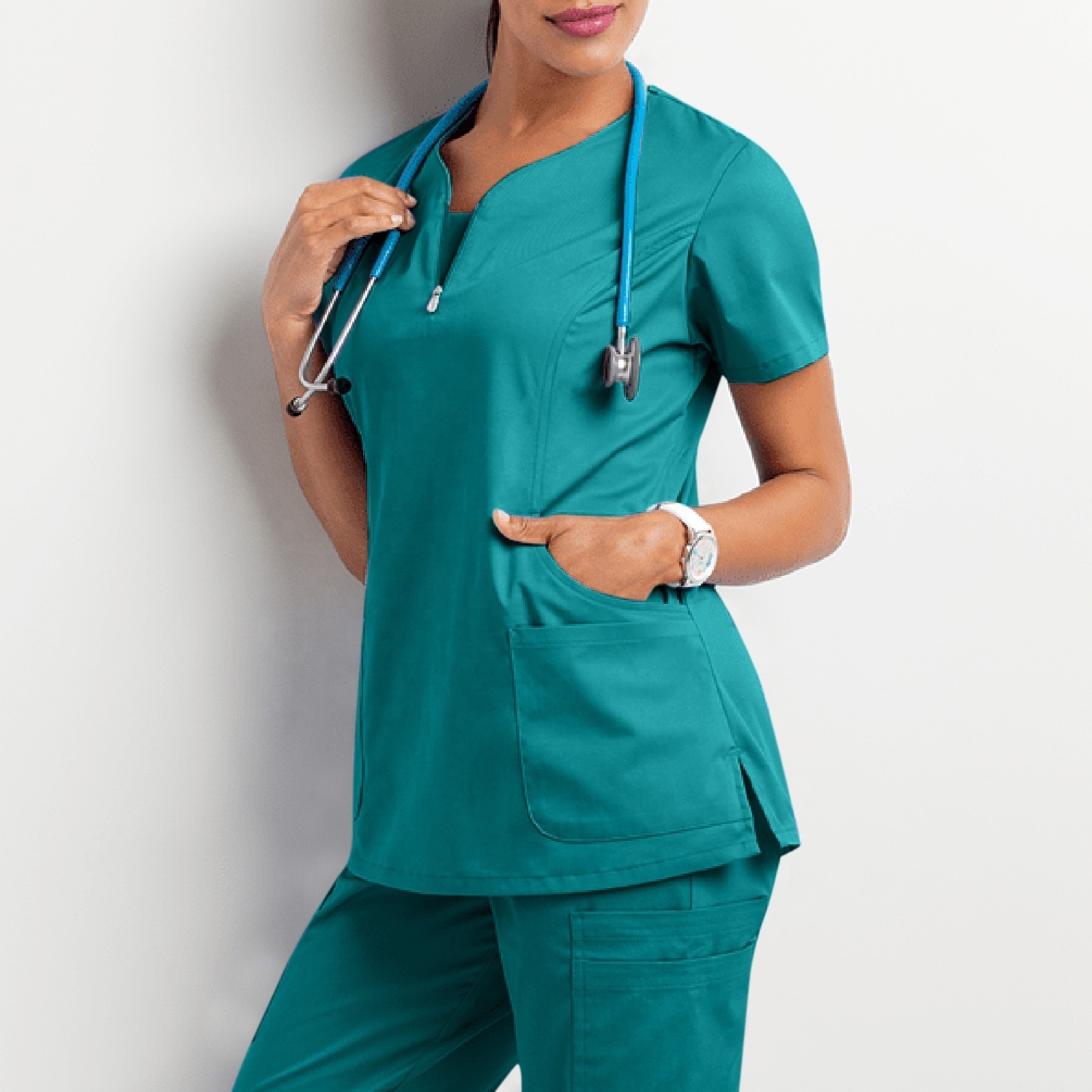 Wholesale Medical Unisex Care Workers V Neck Blouse with Pocket Short Sleeve Scrub Top V Neck Stretch Doctor Nurse Uniform