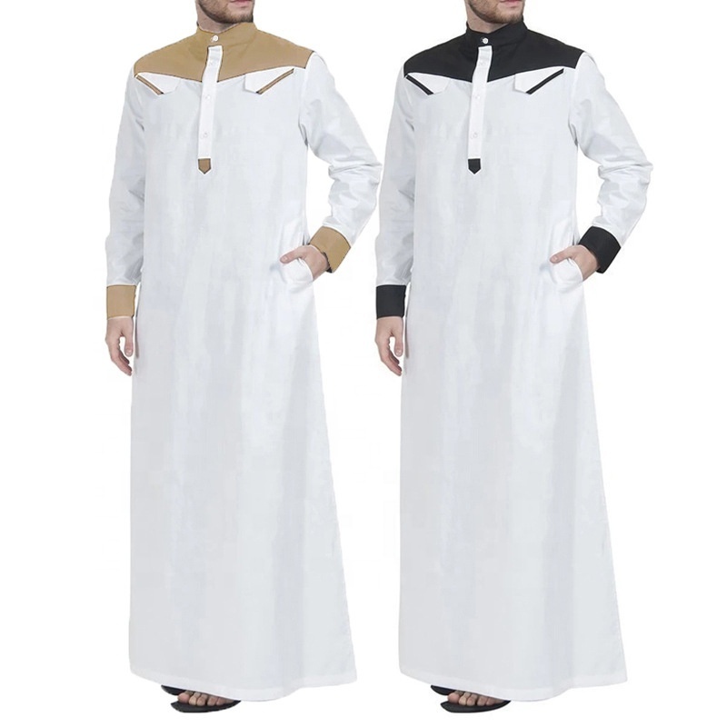 Muslim Arabic Men Ethnic Muslim Clothing Loose Stand Collar Patchwork Long Sleeve Abaya Robe Middle East Men Abaya Dubai Dress