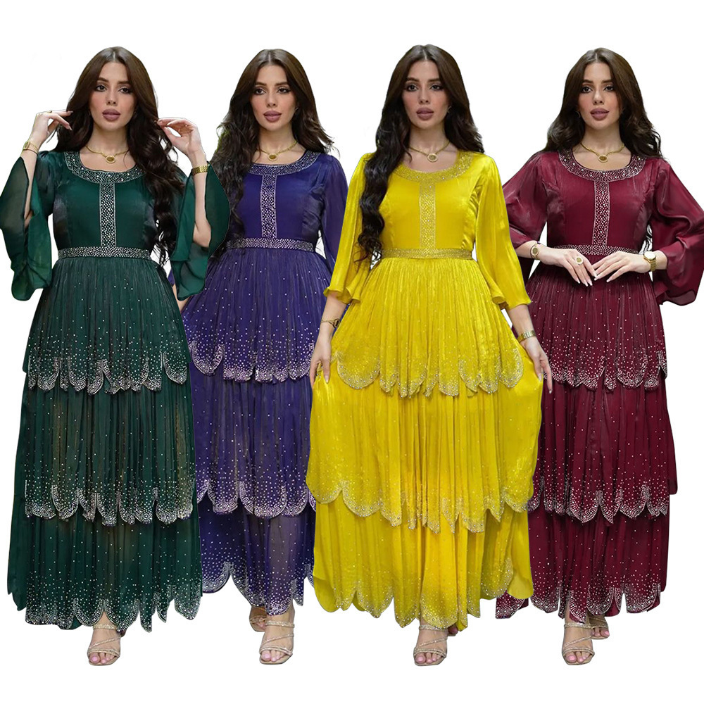 Women Summer Loose Diamond Chiffon Cake Long Skirt Modest Turkish Indian Abaya Arab Islamic Women Moroccan Kaftan Evening Dress