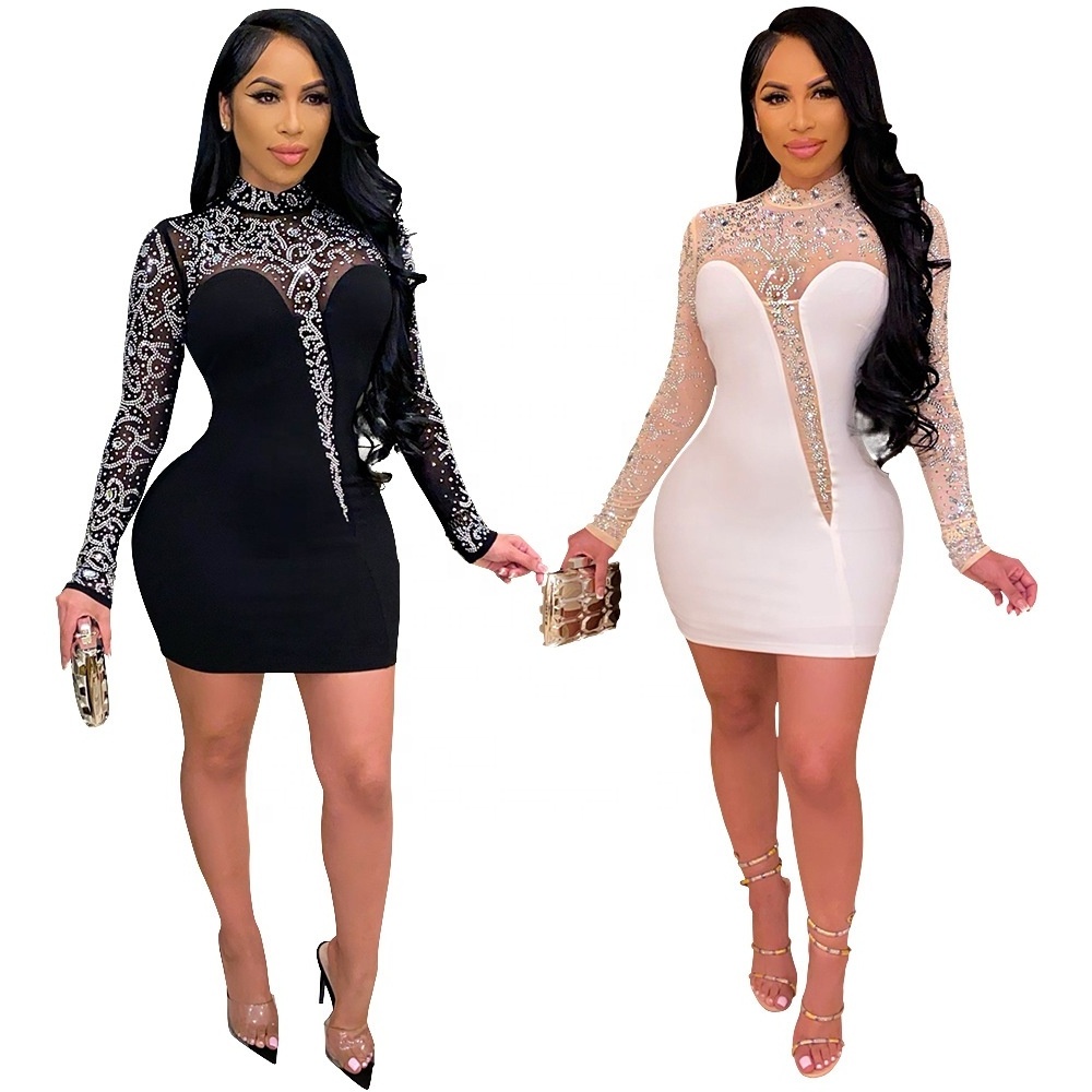 2023 New Gorgeous Crystal Mini Dress Women Elegant White Sequins Patchwork Party Club Dress Birthday Outfits Wholesale