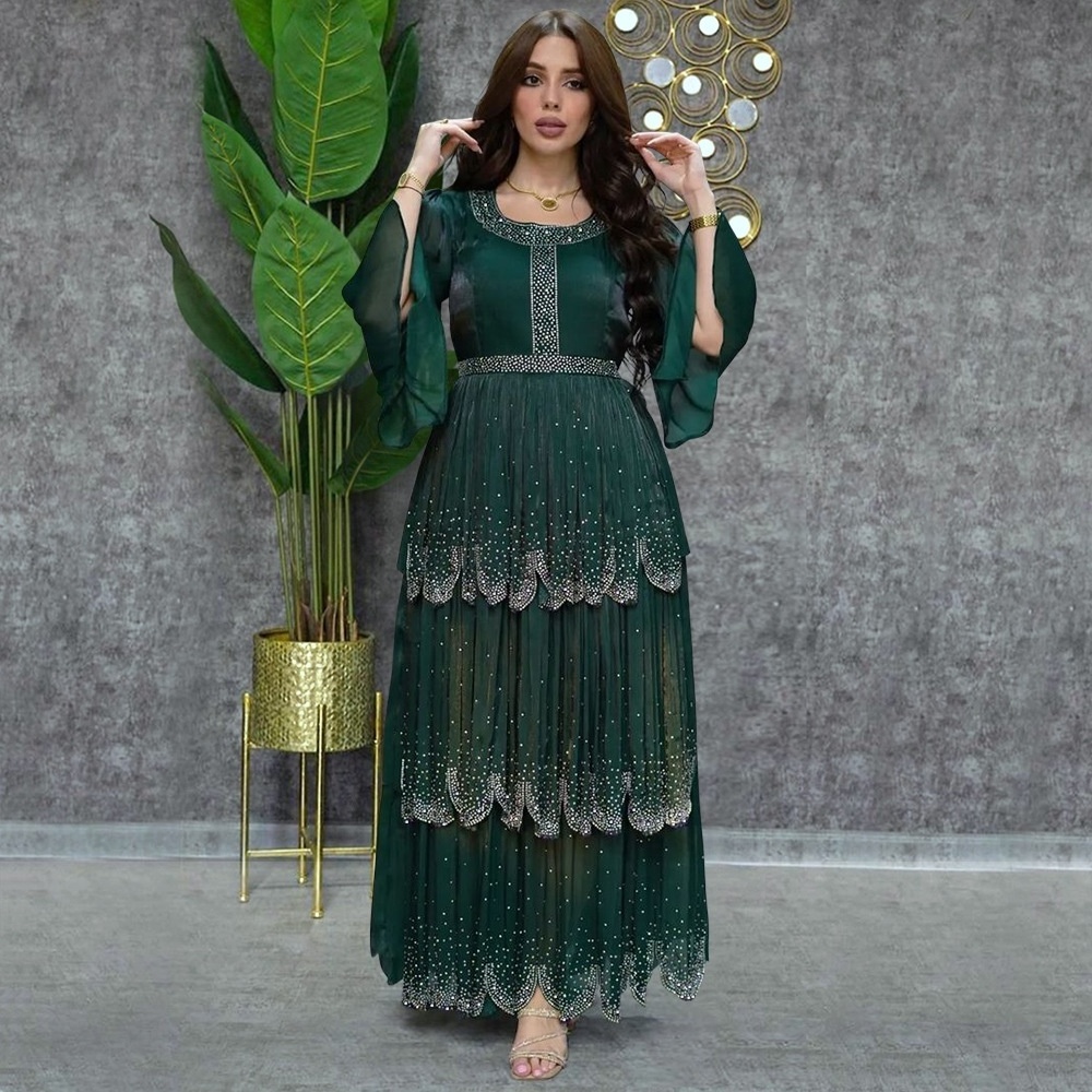 Women Summer Loose Diamond Chiffon Cake Long Skirt Modest Turkish Indian Abaya Arab Islamic Women Moroccan Kaftan Evening Dress