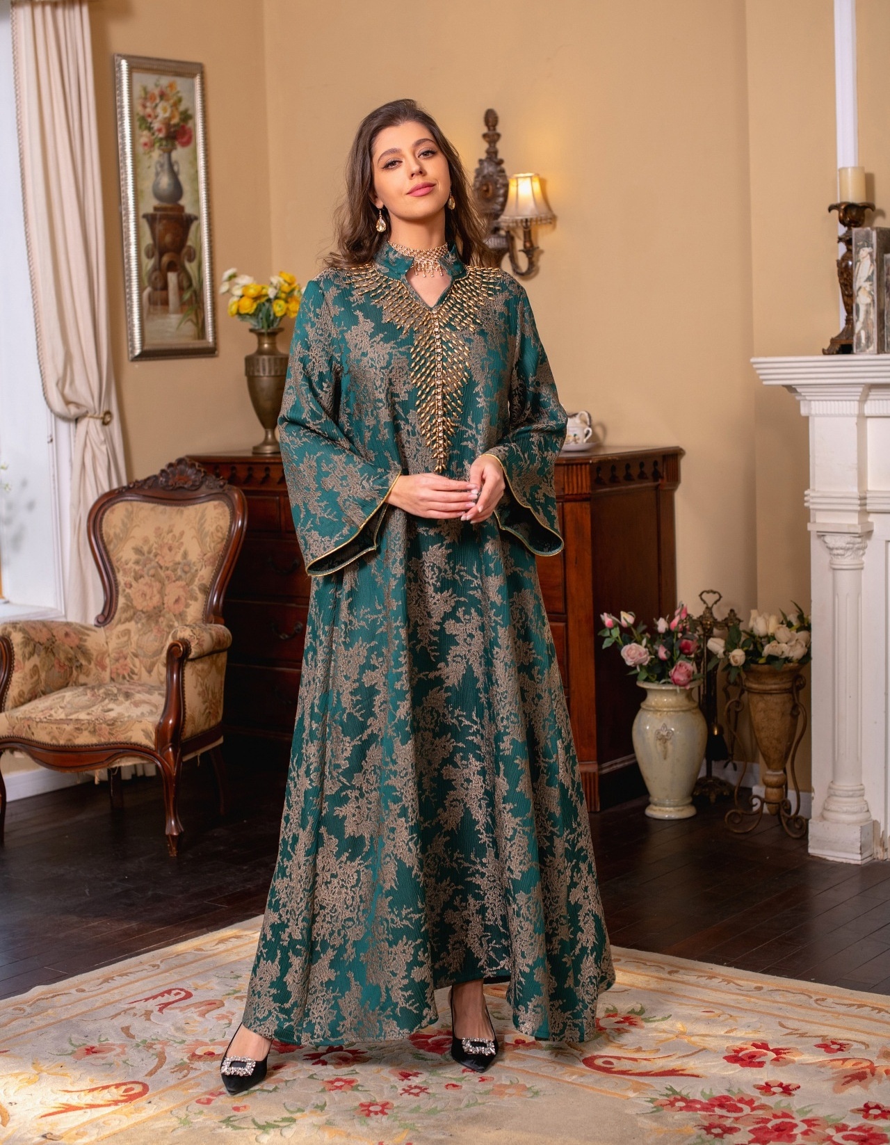 New Eid Muslim Dress for Women Beading Stand Collar Jalabiya Party Dress Arab Long Robe Morocco Kaftan Embroidery Luxury Abaya