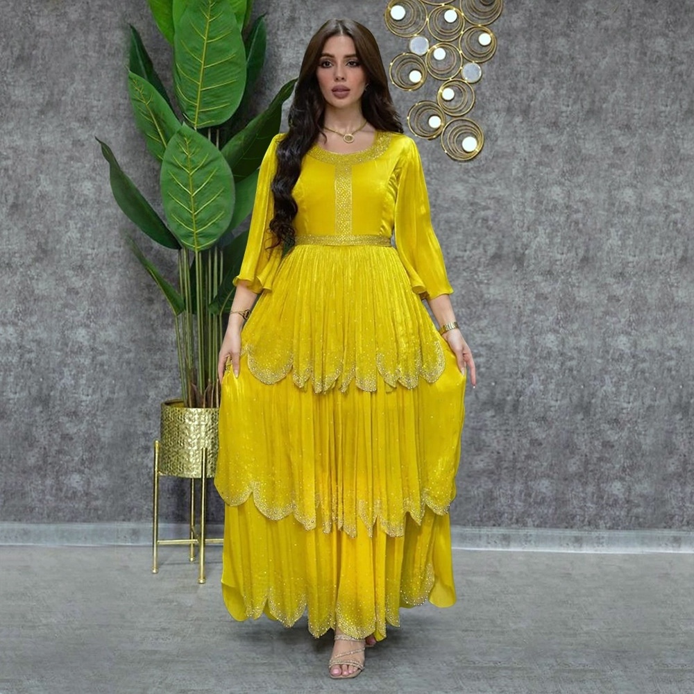 Women Summer Loose Diamond Chiffon Cake Long Skirt Modest Turkish Indian Abaya Arab Islamic Women Moroccan Kaftan Evening Dress