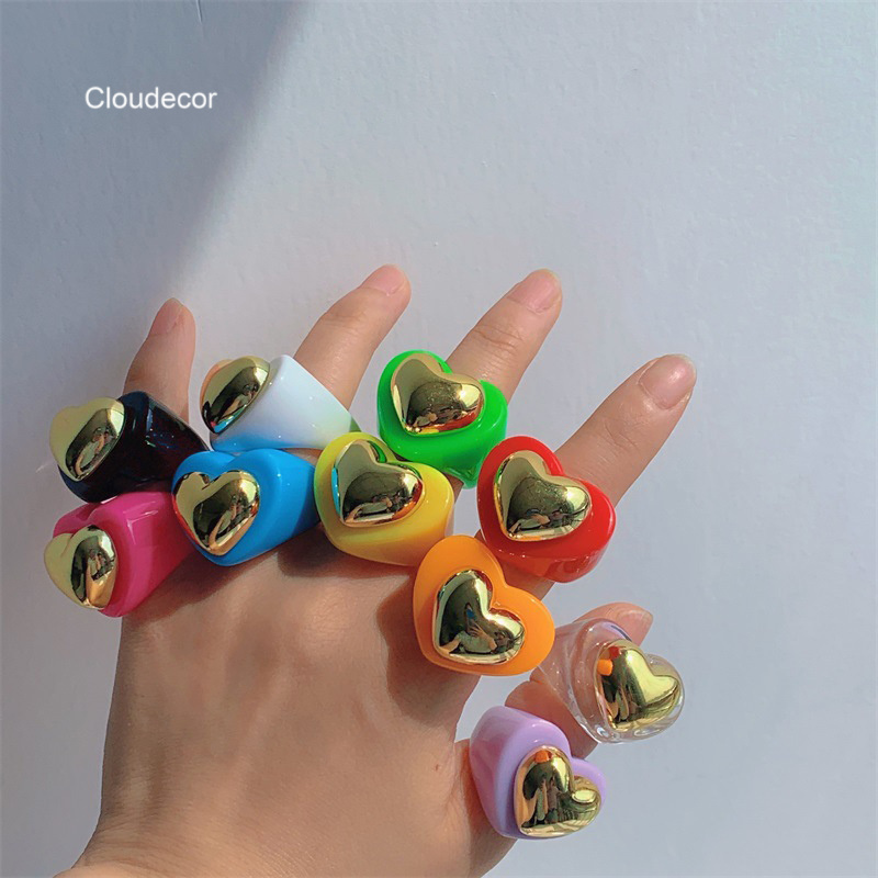 Chunky Resin Acrylic Rings Cute Trendy Rings Colorful Crystals Heart Shape Wholesale Women Gold Balls Acrylic Plastic Ring