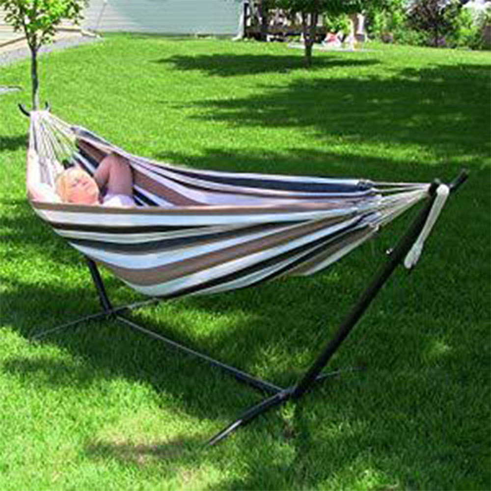 Outdoor Double Camping Patio Swing Bed Polyester Cotton Hammock With Foldable Stand