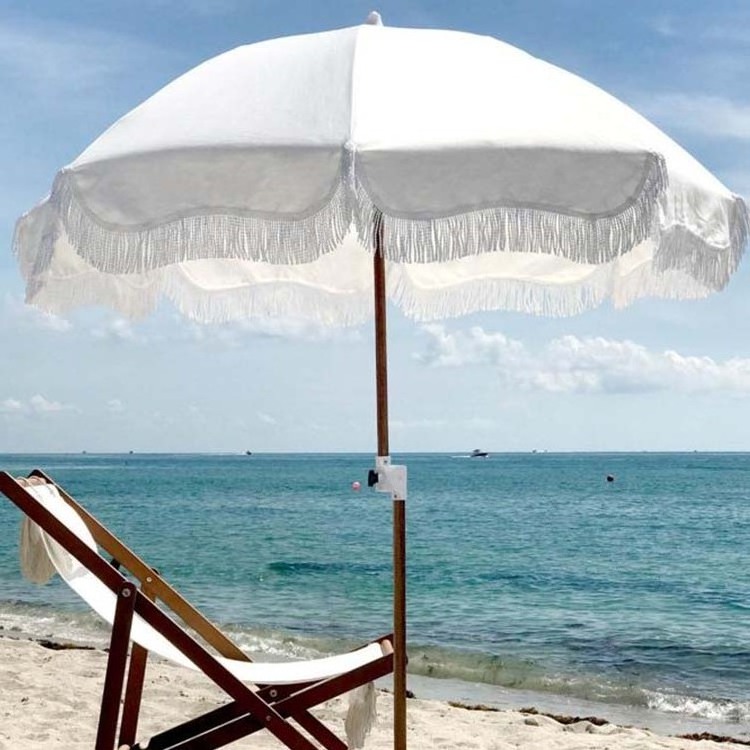 Wooden Canvas Vintage Wholesale Custom Printed Waterproof Sunshade Outdoor Patio Boho Beach Umbrella With Tassels