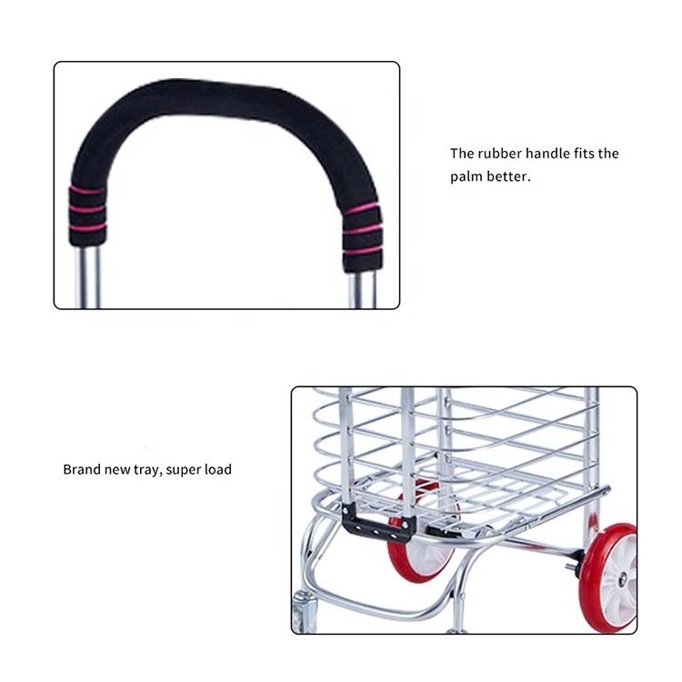 Aluminium Alloy Big Basket Cart Handle Simple Style Folding Shopping Cart With 2 Big Wheels