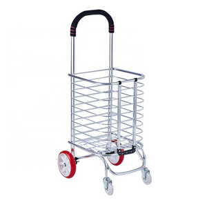 Aluminium Alloy Big Basket Cart Handle Simple Style Folding Shopping Cart With 2 Big Wheels