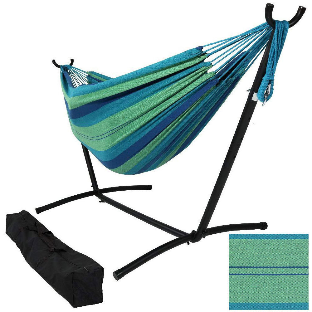 Outdoor Double Camping Patio Swing Bed Polyester Cotton Hammock With Foldable Stand