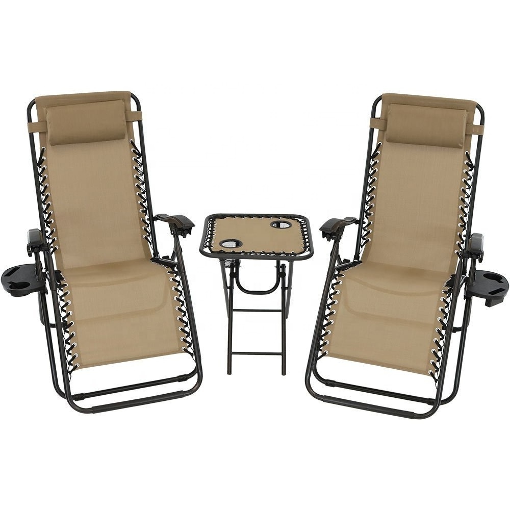 Lawn Patio Garden Cheap Relax Camp Zero Gravity Recliner Chair Folding 2 Beach Sun Lounger and 1 Table Set