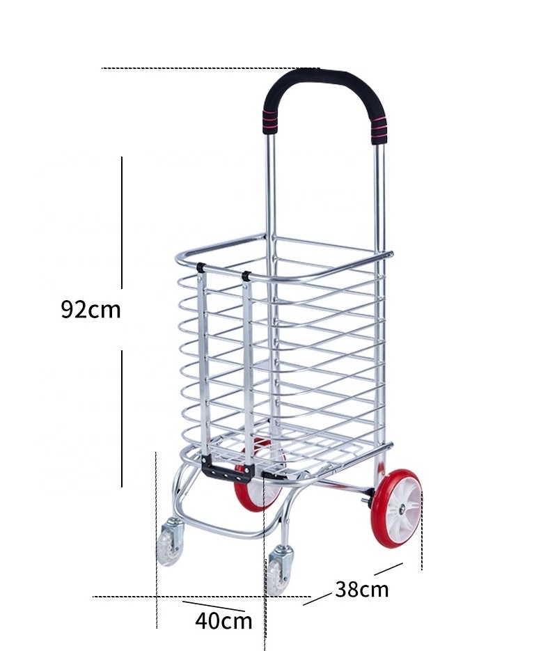 Aluminium Alloy Big Basket Cart Handle Simple Style Folding Shopping Cart With 2 Big Wheels