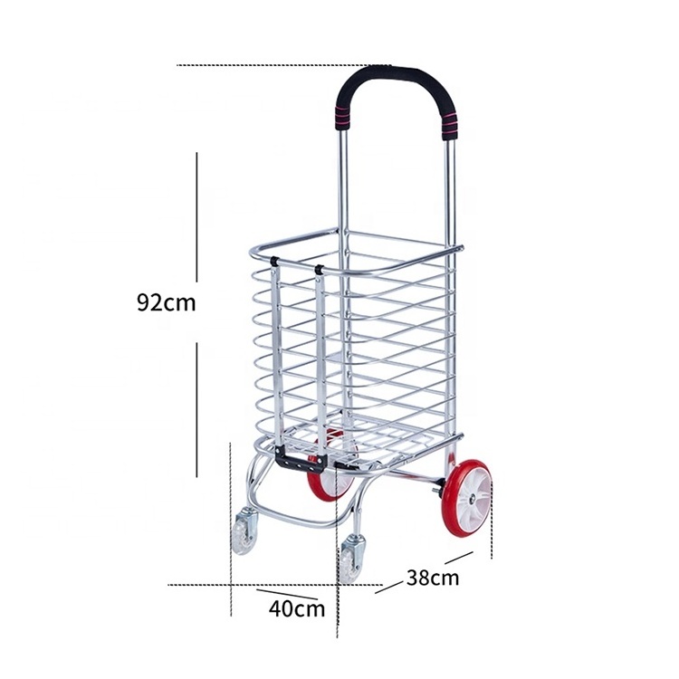 Aluminium Alloy Big Basket Cart Handle Simple Style Folding Shopping Cart With 2 Big Wheels