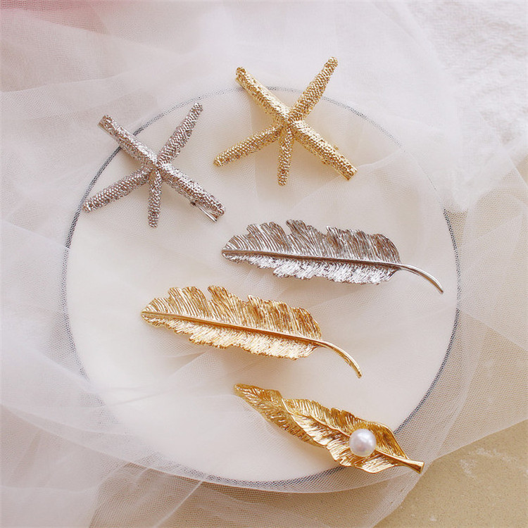 CLARMER  Fashion Starfish Shell Hair Clips Hair Accessories Metal Gold Leaf Hair Clip For Women