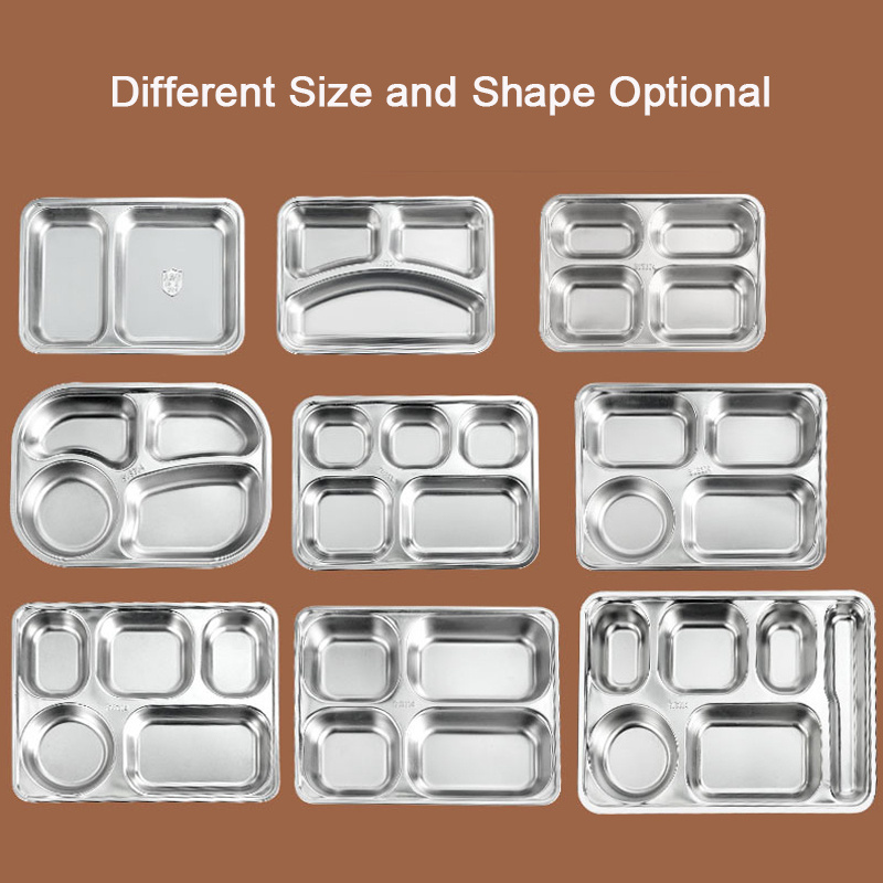 304 Stainless Steel 6 Compartment Lunch Plates School Canteen Site Food Tray Wholesale Grid Plate Dinner Plate for Student