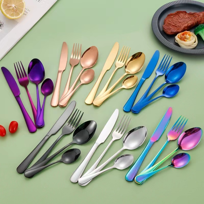 Nordic Commercial 4pcs Stainless Steel Silverware Set Spoon Fork Dinner Knife Mirror Black Gold Cutlery Set