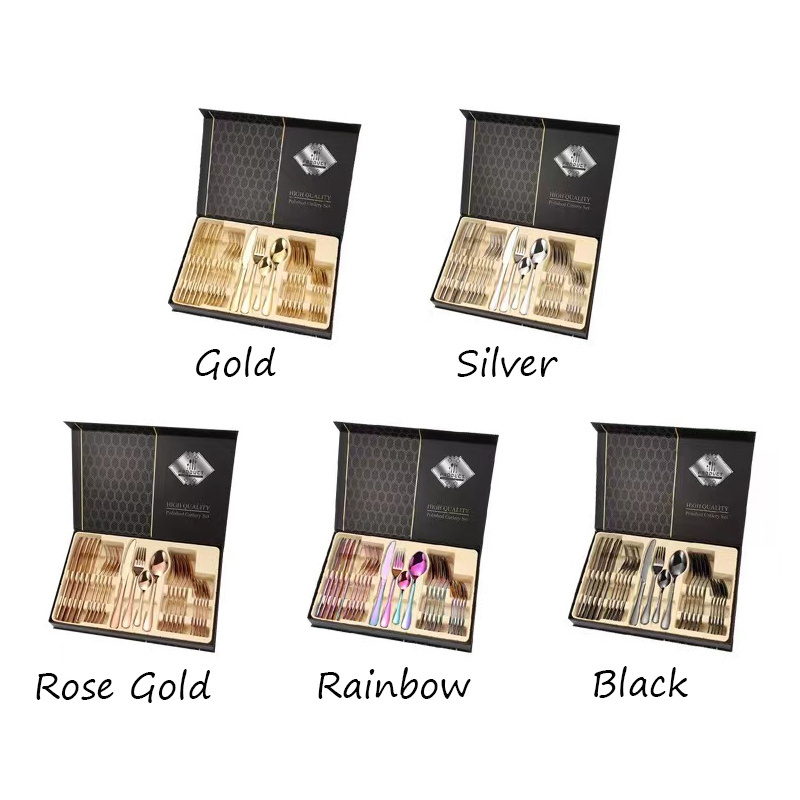 Luxury Colorful Stainless Steel 24 Pcs Flatware Gift With Box Gold Silverware Wholesale Fork Knife Spoons Kitchen Cutlery Set