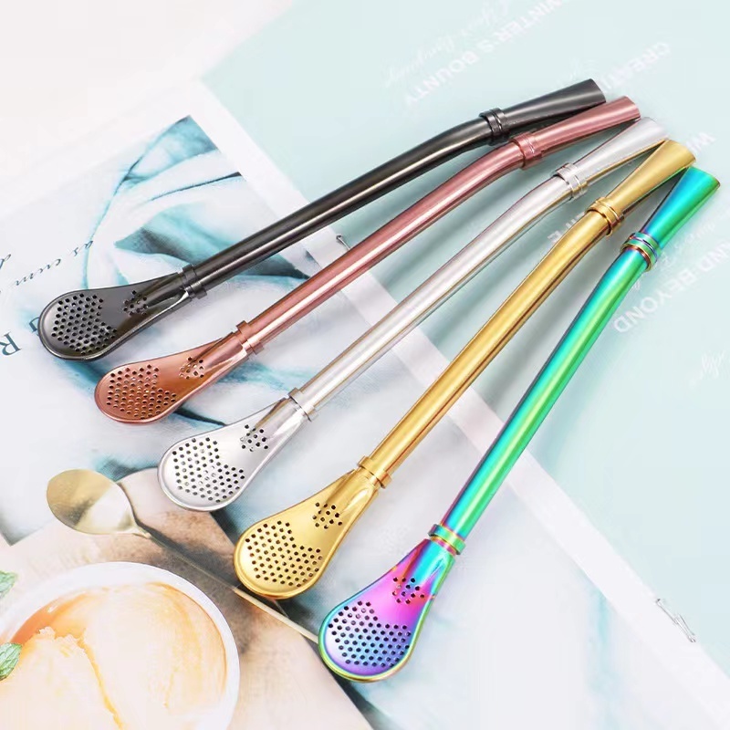 High Quality Reusable Drinking Straw Tea Bar Coffee Spoon Straw Bombill Yerba Mate Stainless Steel Straws With Filter Spoon