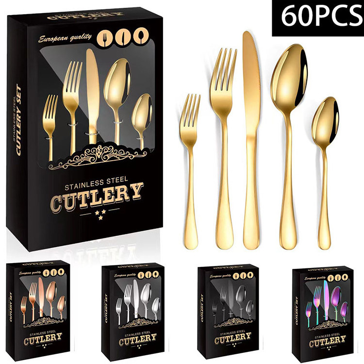 Kitchen Hotel Besteck Metal Knife Spoon Fork Stainless Steel Flatware Cutlery Set 60pcs Customized Silverware Set For 12